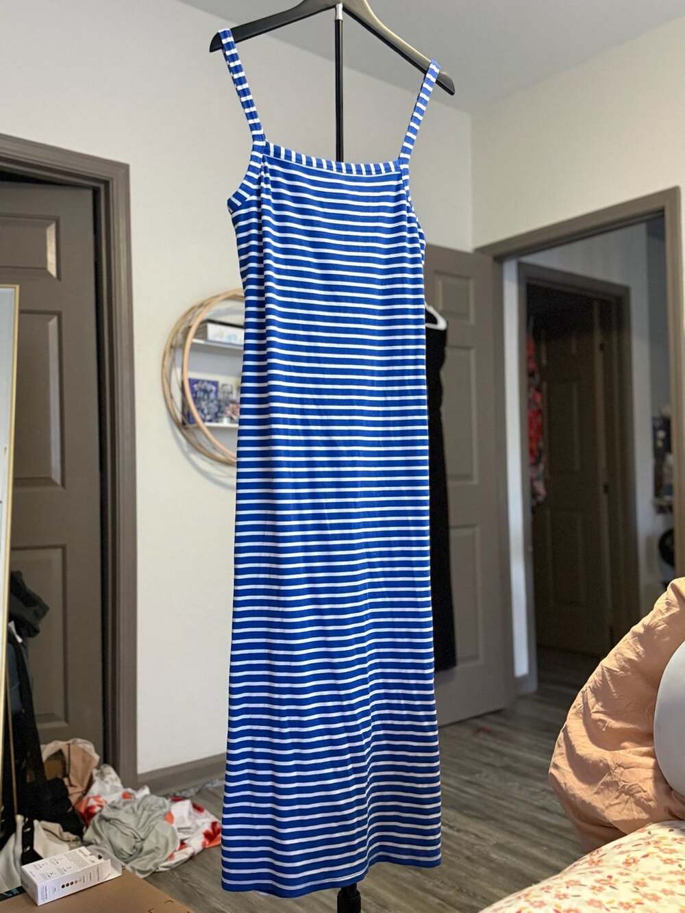 LOFT Striped Ribbed Maxi Dress Size 14 Blue White Cami Sleeveless